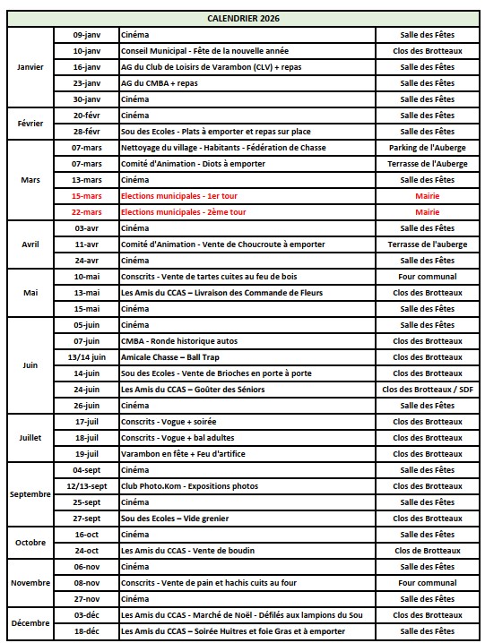 Calendrier 2026